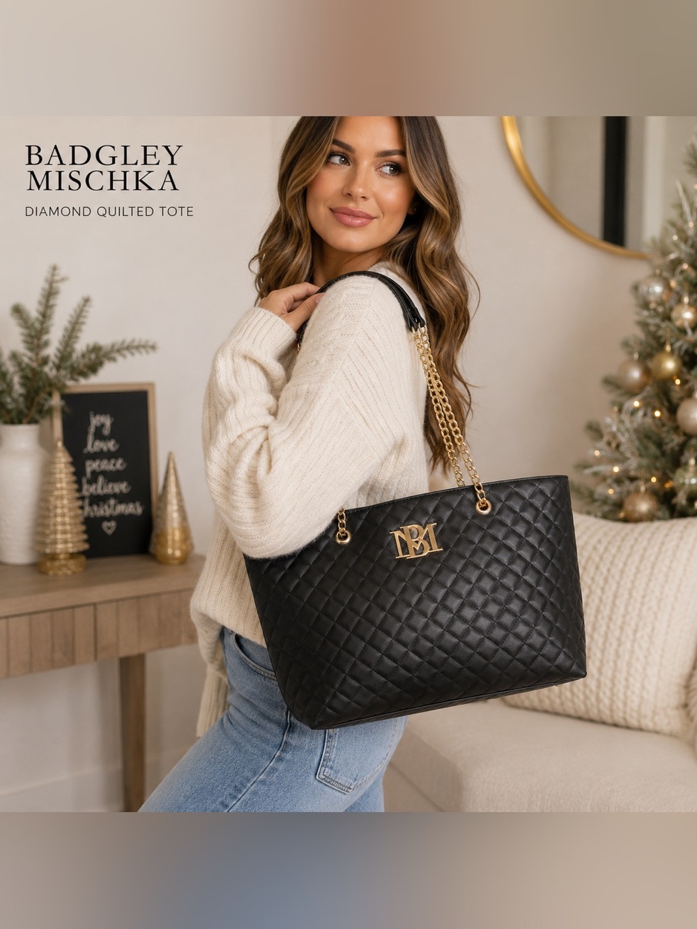 Badgley Mischka Black Diamond Quilted Large Tote Bag Gold Chain NWT